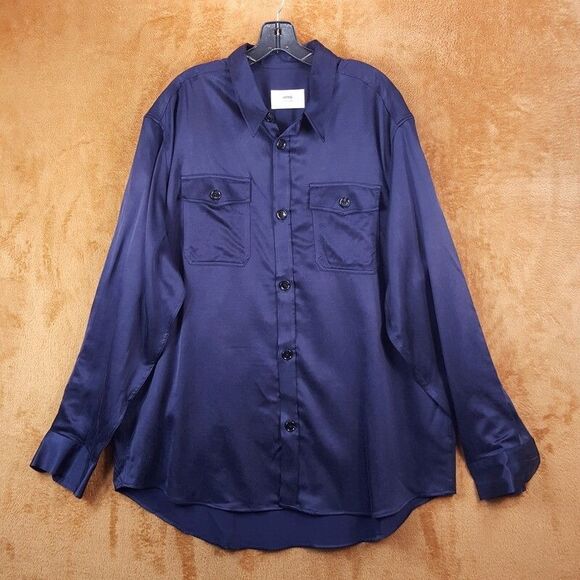 AMI ALEXANDRE MATTIUSSI Shirt Mens XL Navy Satin Button Up Oversized Wool - Picture 2 of 10